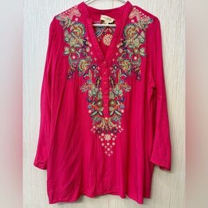 Anthropologie Luna Moon pink embroidered popover‎ tunic shirt top boho L
